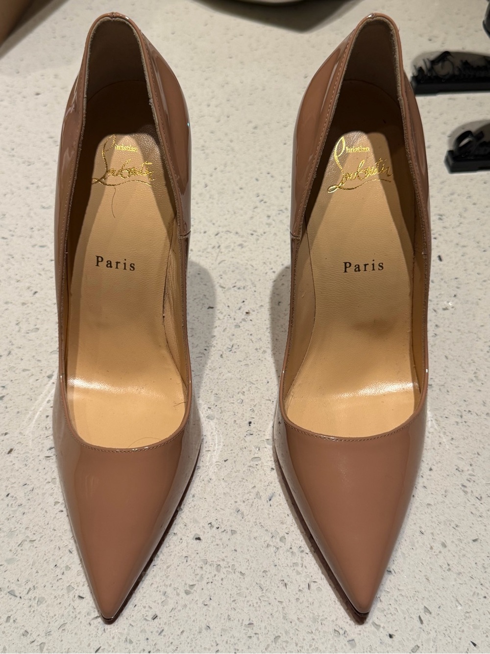 $945 Christian Louboutin So Kate Patent Leather Pointed Toe Pumps in Nude Brown